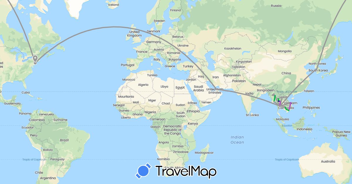 TravelMap itinerary: driving, bus, plane, train, boat in United Arab Emirates, Cambodia, South Korea, Laos, Myanmar (Burma), Thailand, United States, Vietnam (Asia, North America)