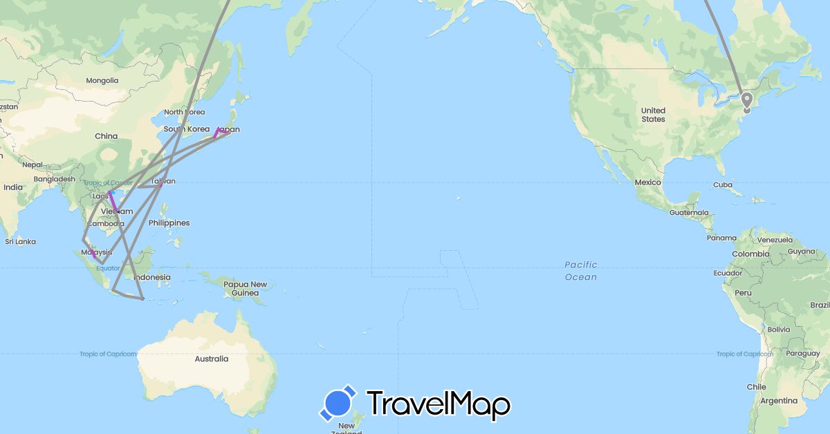 TravelMap itinerary: driving, plane, train, boat in China, Indonesia, Japan, South Korea, Laos, Malaysia, Singapore, Thailand, Taiwan, United States, Vietnam (Asia, North America)